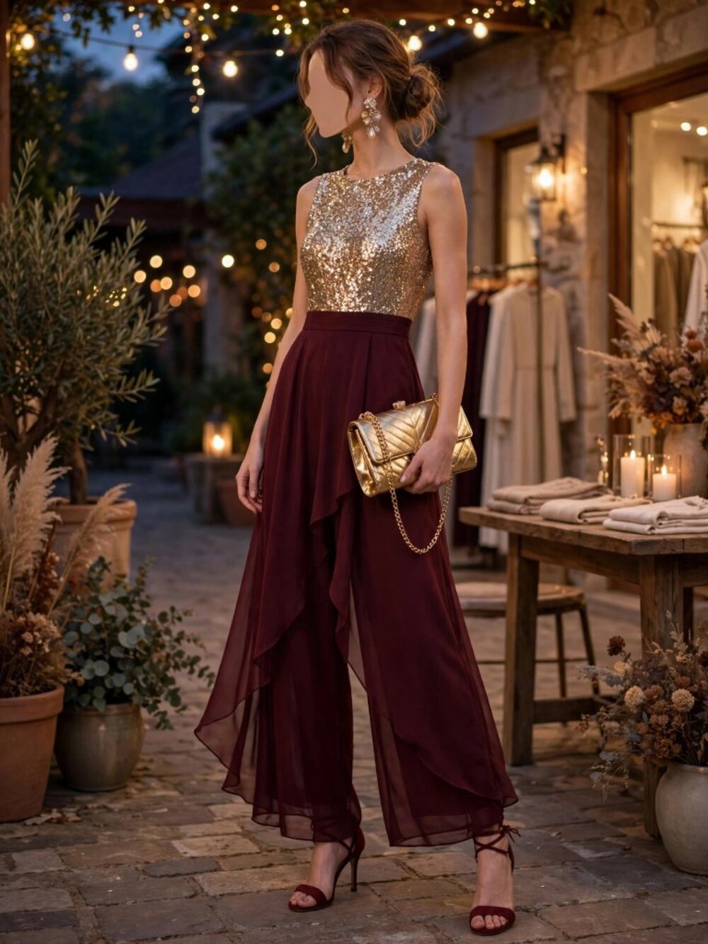 Sequin Bodice Burgundy Chiffon Overlay Jumpsuit